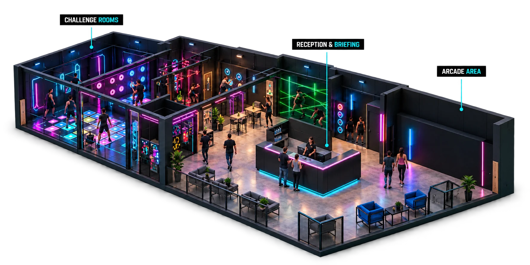 Illustrative CrazyCube venue concept with challenge rooms and shared spaces